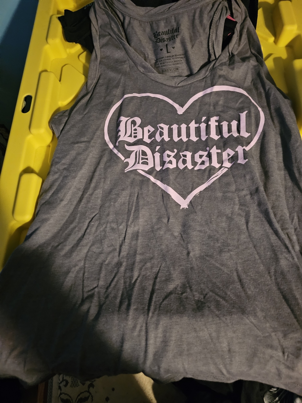 Beautiful Disaster Women's Gray Tank Top with Pink Heart Logo